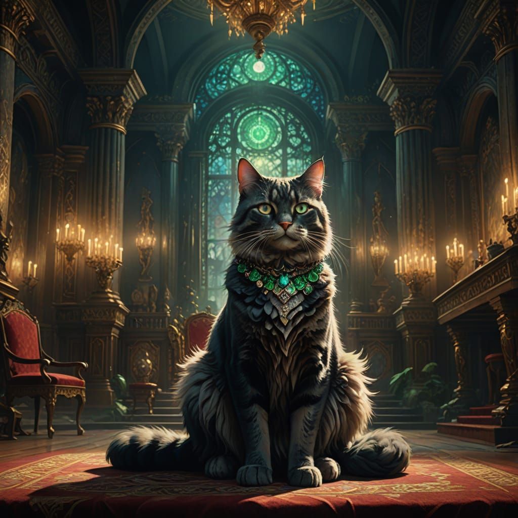 Regal Cat on Throne in Decaying Ballroom