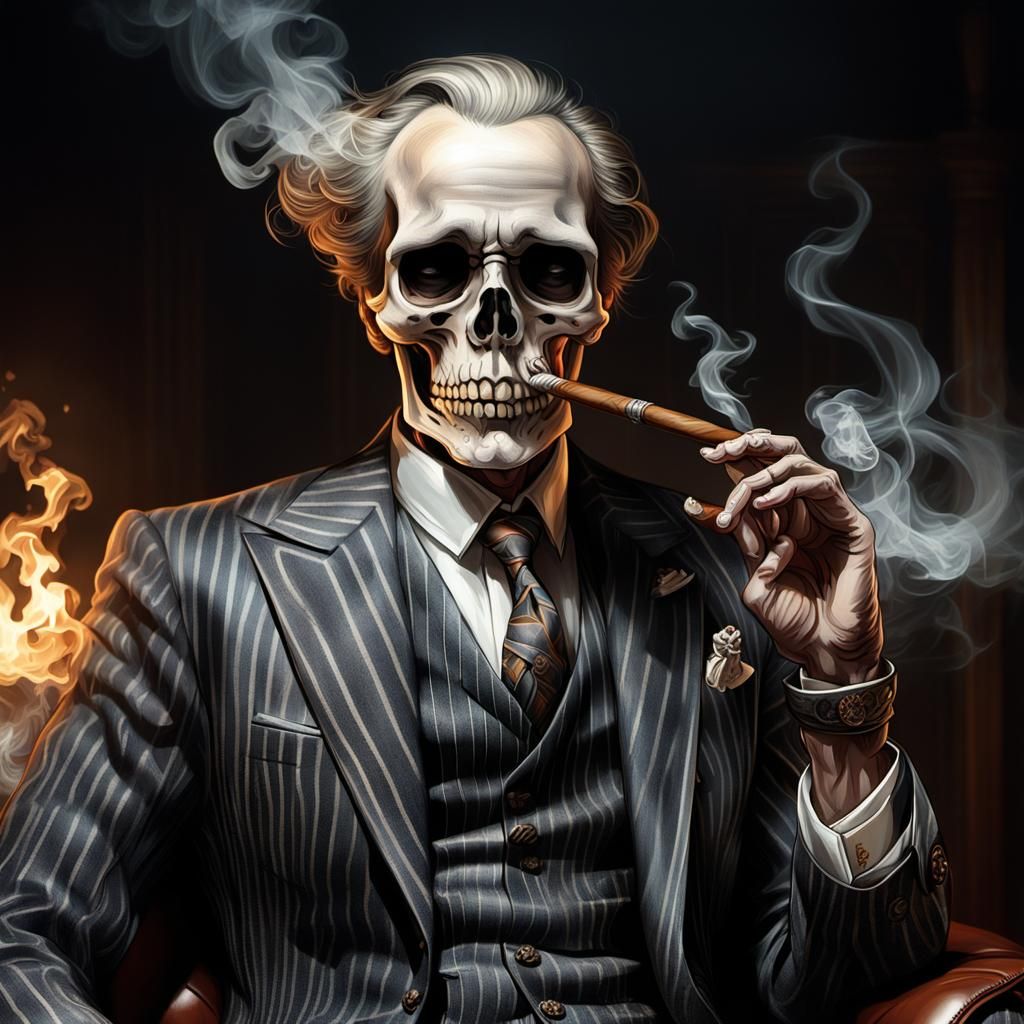 Skeleton in Pinstripe Suit Smoking Cigar
