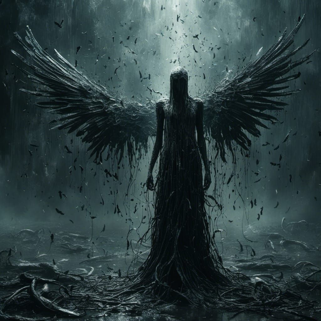 A nightmare of demons in a void turning into a dream of ange...