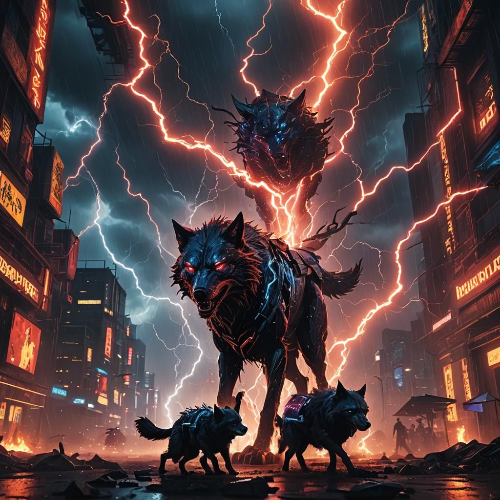 Sinister Cyberpunk Wolf in Lightning Storm