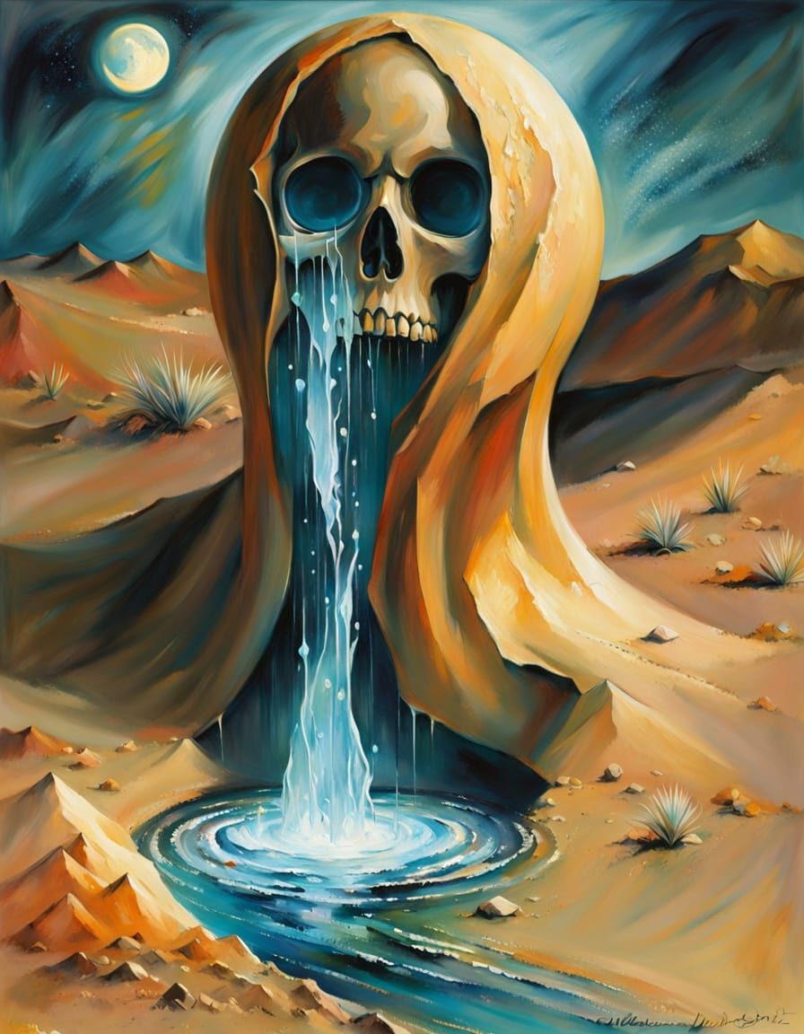 Grieving Sand Skull in Moonlit Desert Oasis