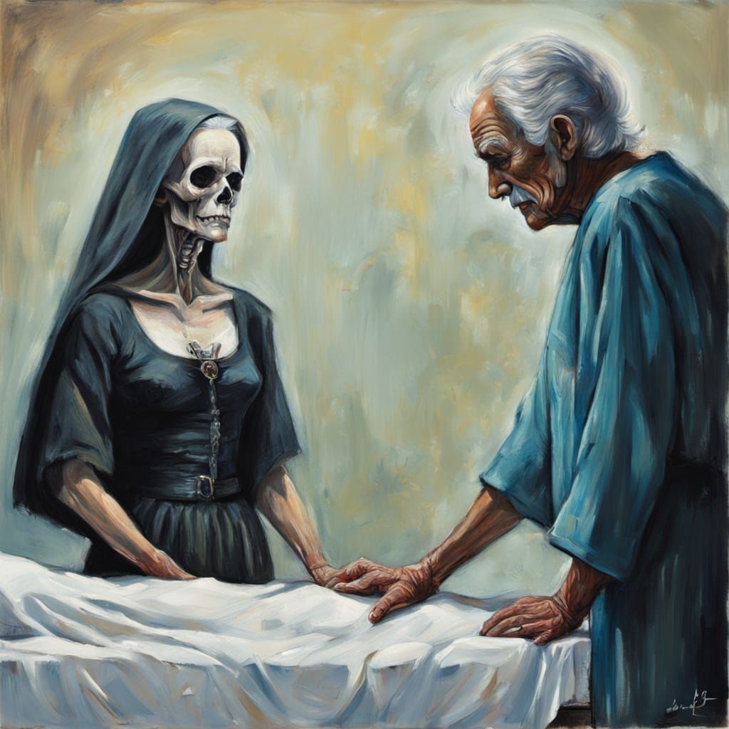 Lady Death at Bedside in Oil and Pastel