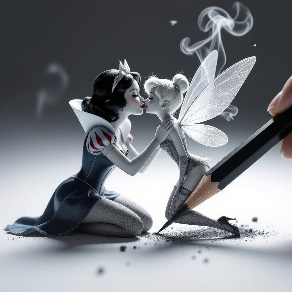 Micro Snow White & Tinkerbell Kiss, Pencil Sketch Art
