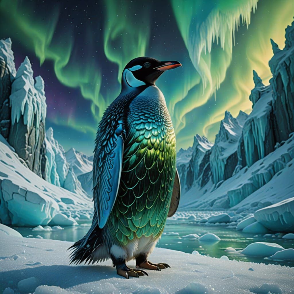 Surreal Fantasy Portrait of a Regal Kaiserpinguin in Icy, Gl...