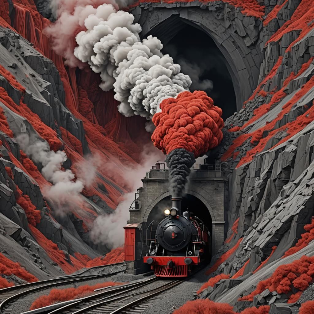 Steam Train Emerging from Mountain Tunnel