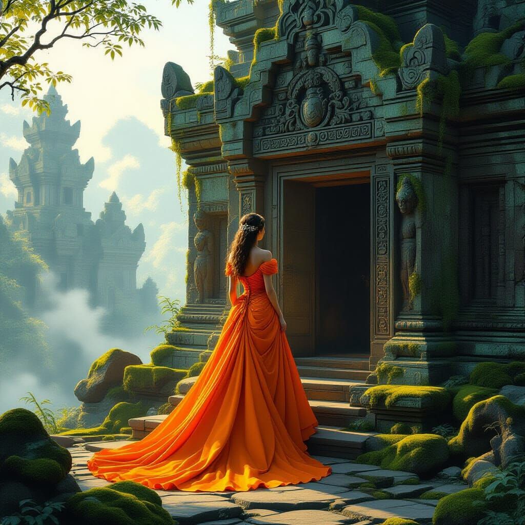 Elegant Woman in Orange Gown at Ancient Temple Entrance