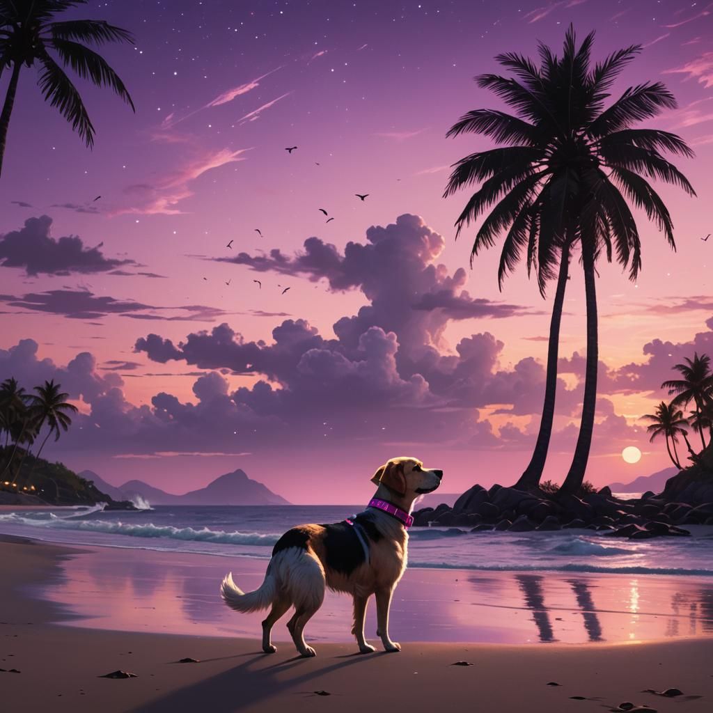 Cute Dog on Beach at Sunset in Fantasy Art Style