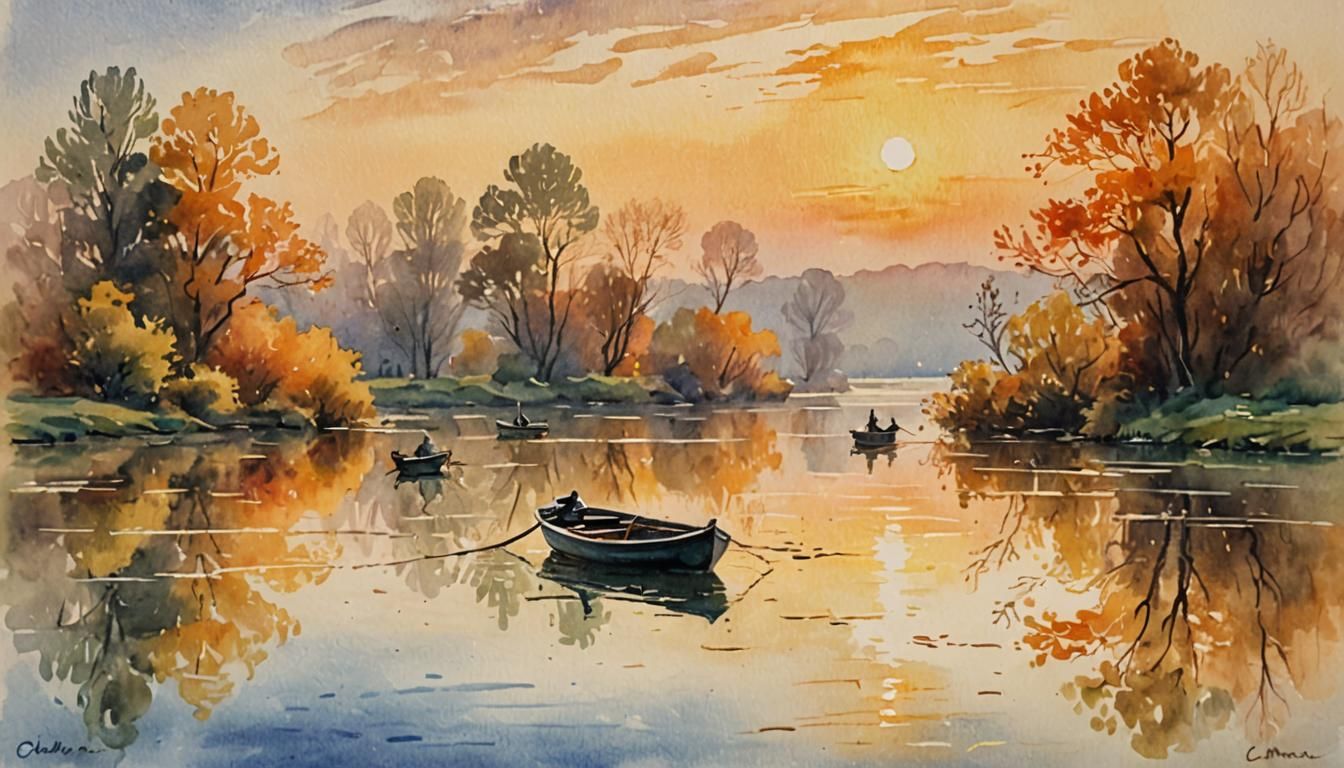 Sunset River Boats: Impressionist Watercolor Painting