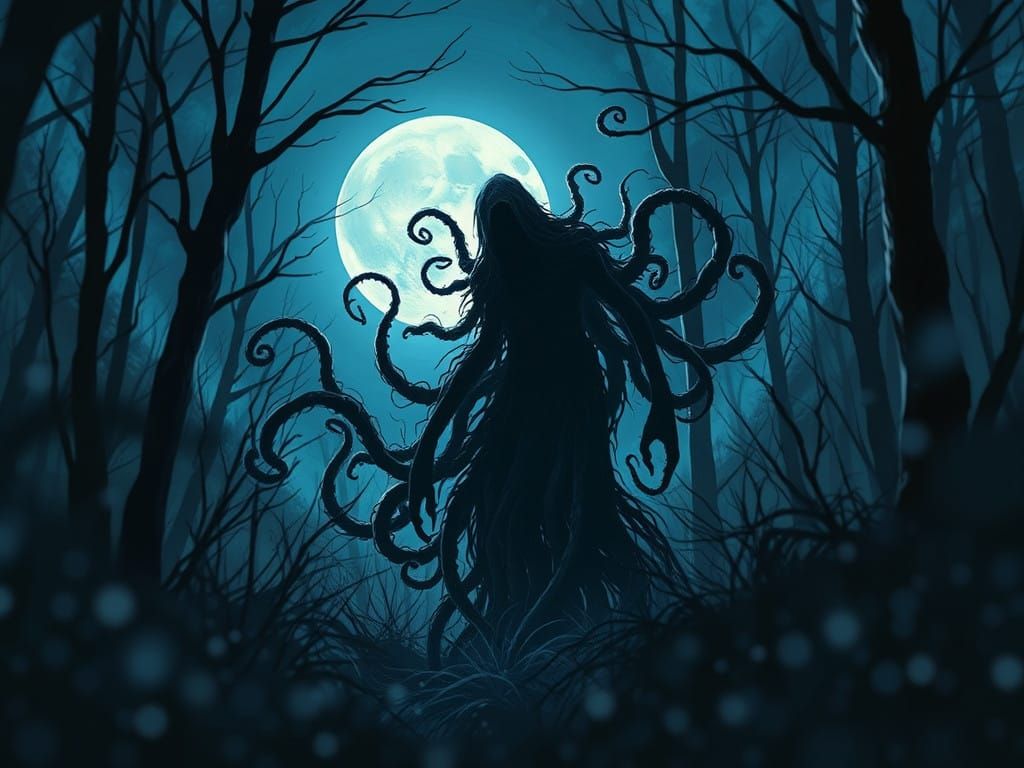 Ethereal Horror Figure Unfurls in Moonlit Woods