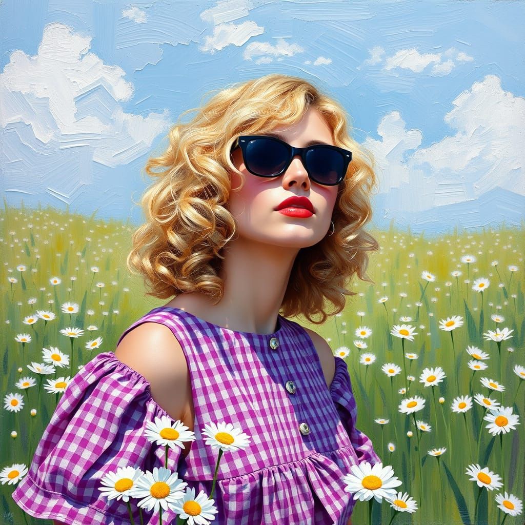 Ethereal Woman in a Vibrant Meadow Landscape