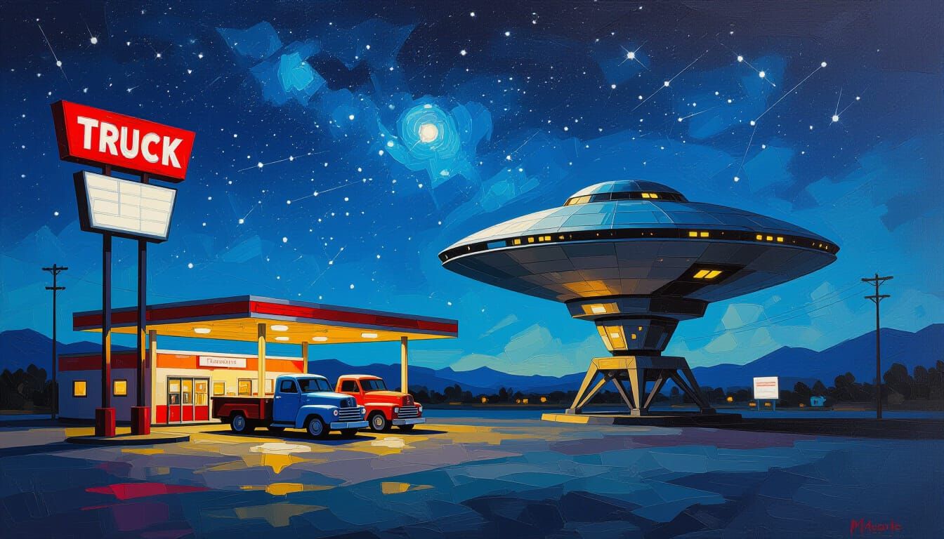 Bustling Truck Stop: Impasto Oil Painting of Spaceship at Ni...