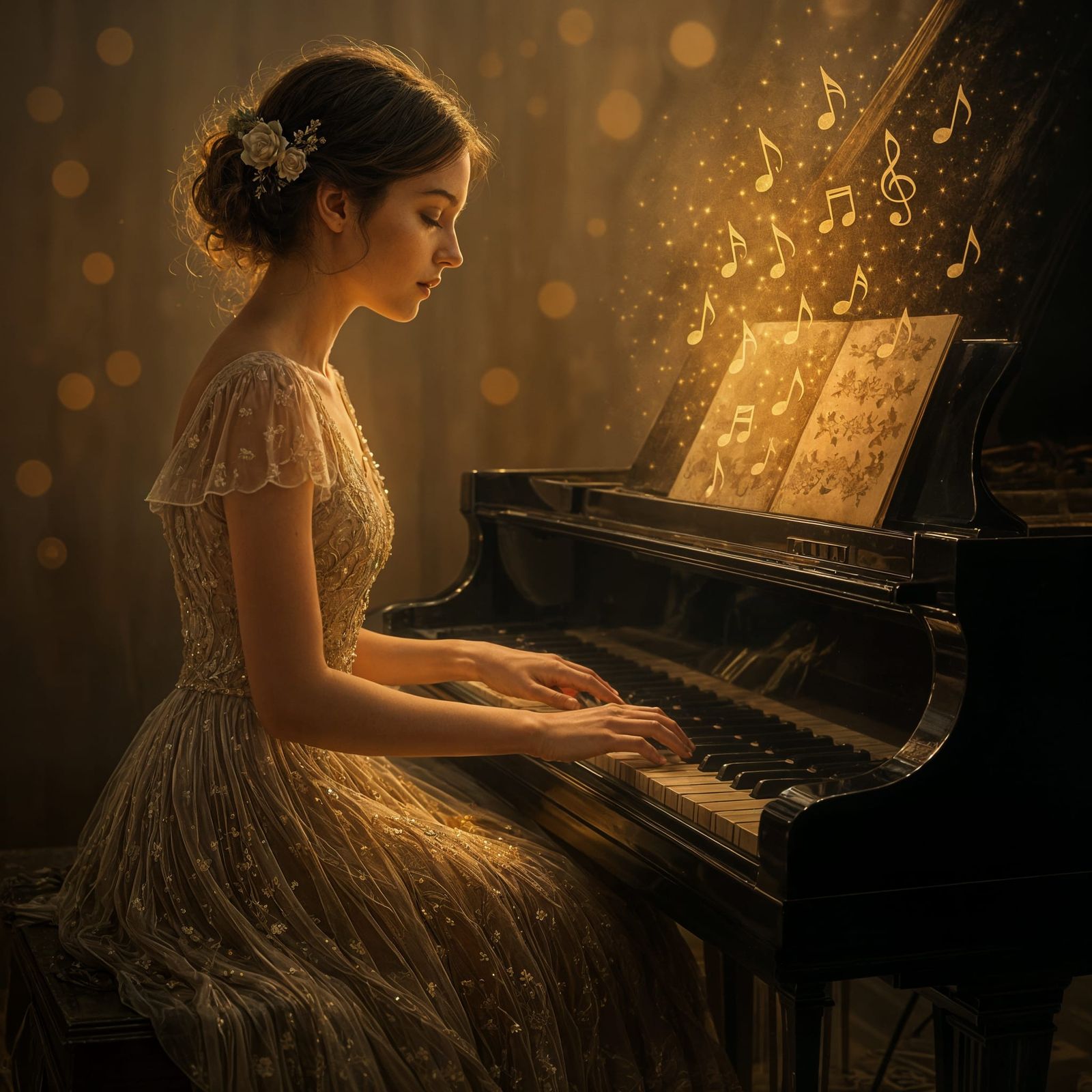 Woman Plays Piano in Golden Light