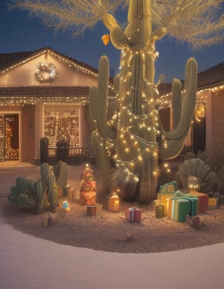 Saguaro Cactus Christmas with Lights and Gifts