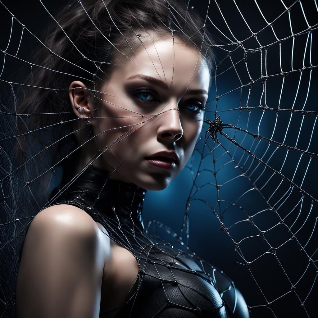 Humanoid Spider-Woman in Black Latex Climbing Web