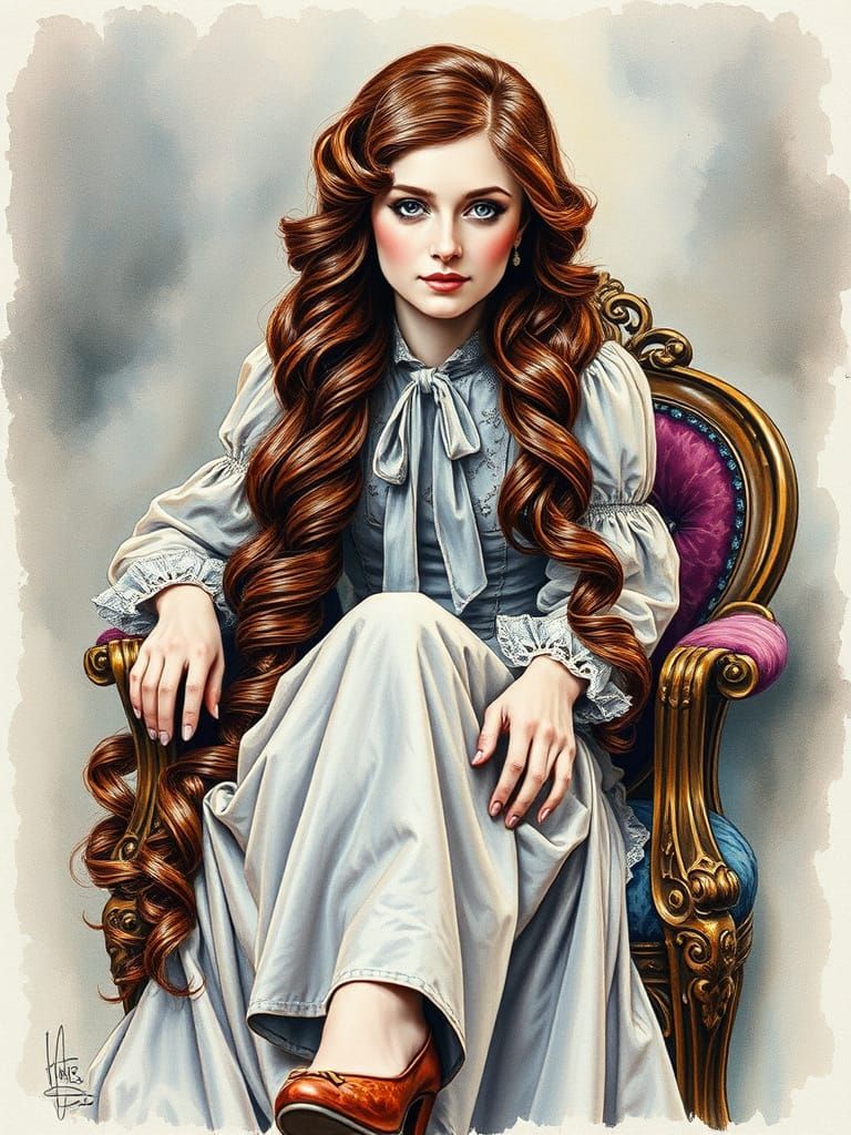 Beautiful 19th Century Lady with Curls in Watercolor