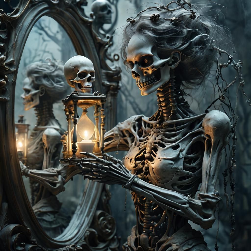 Surreal Skeleton Woman with Hourglass in Art Nouveau