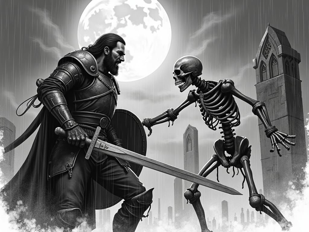 Warrior vs. Skeleton in Graveyard, Pencil Sketch