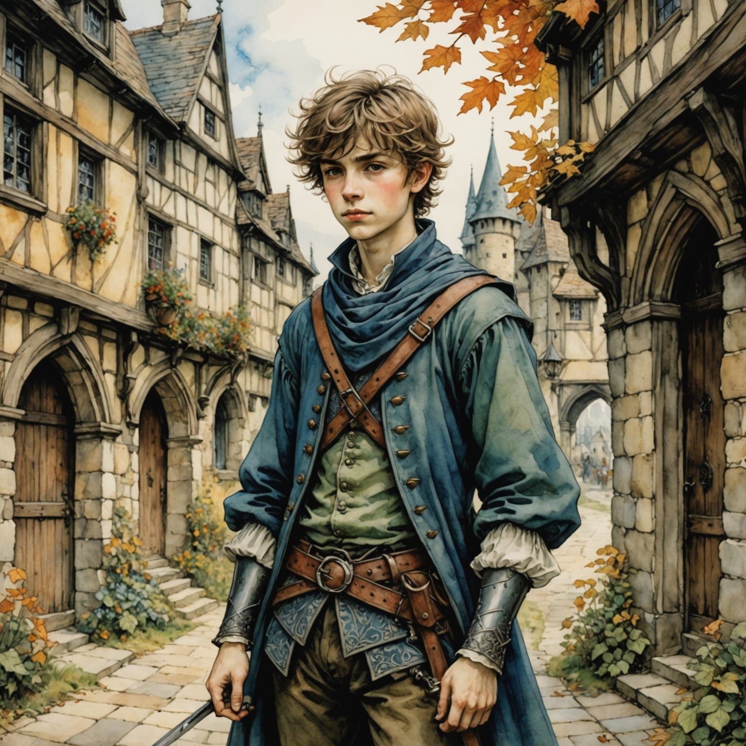 Medieval Boy in Whimsical Watercolor Wonderland