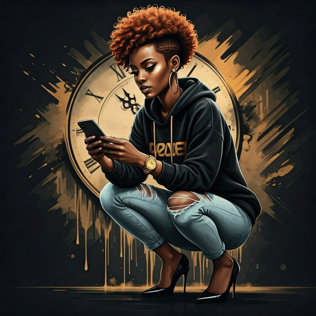 Confident Woman in Trendy Outfit Engaged with Phone