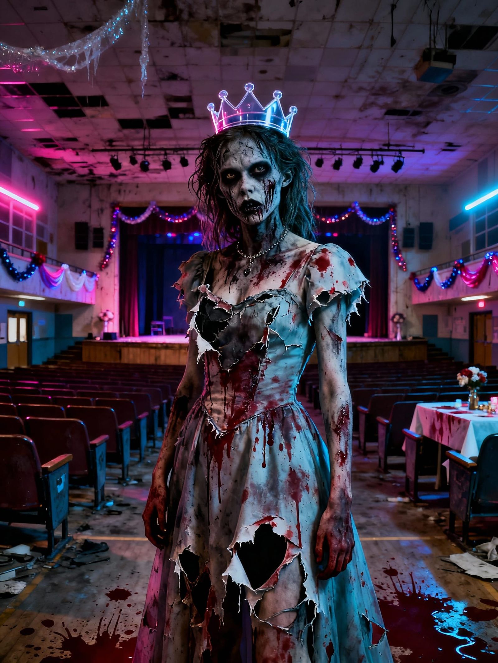 Zombie Prom Queen in Neon-Lit Horror Auditorium
