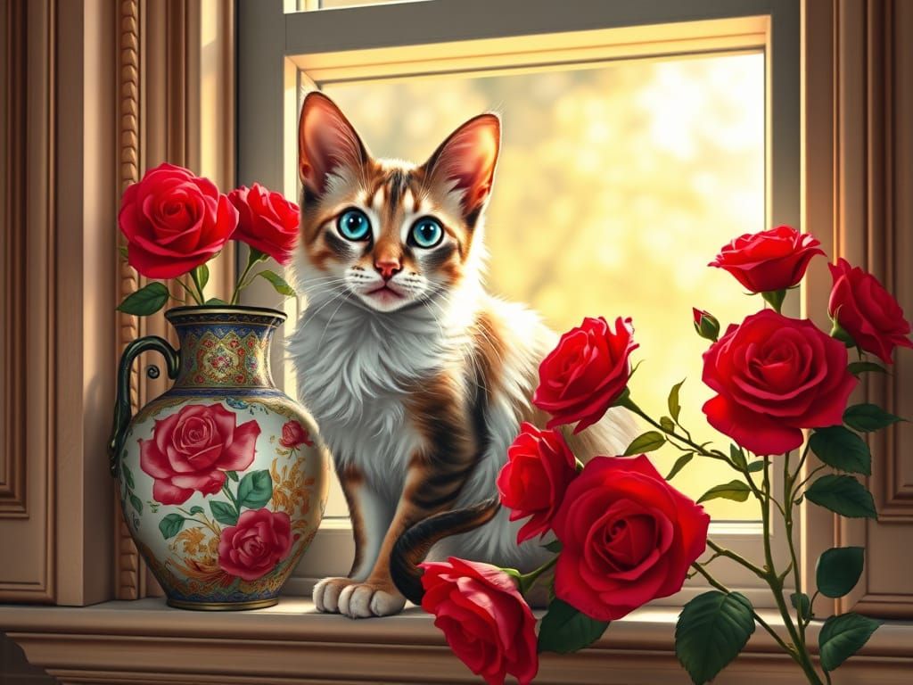 Colorful Cornish Rex Cat on Windowsill, Impressionist Style