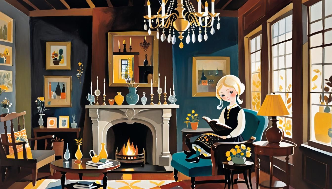 Charming Girl in Living Room: Storybook Illustration