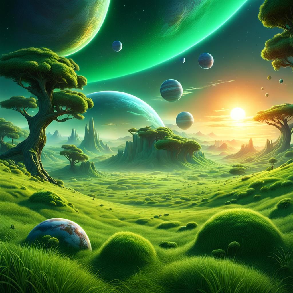 Surreal Multidimensional Universe with Planets and Sunrise