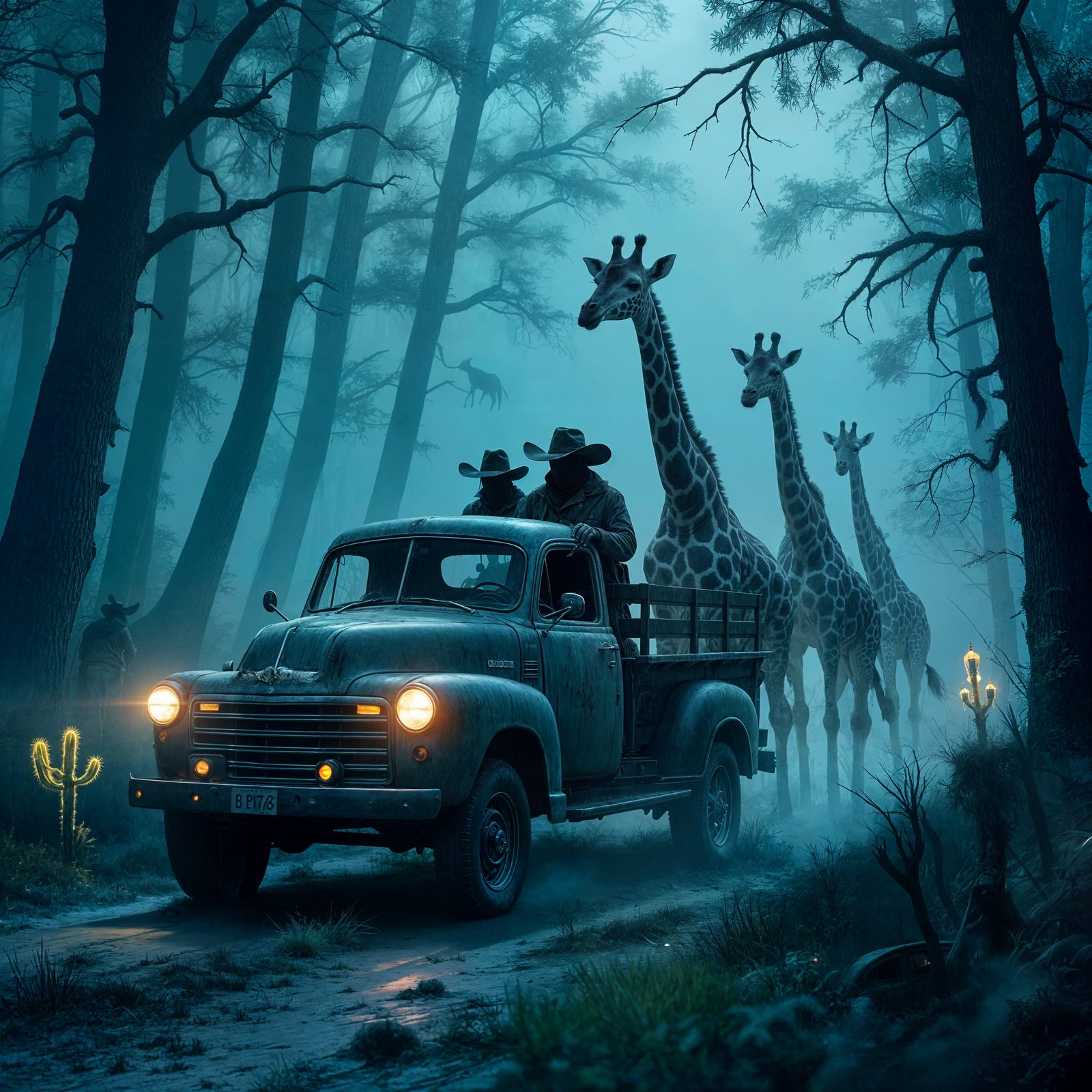Spectral Giraffes Haul Vintage Truck Through Misty Forest
