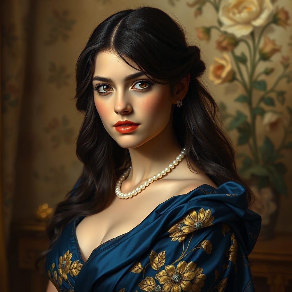 Elegant Woman in Deep Blue Gown with Golden Floral Patterns
