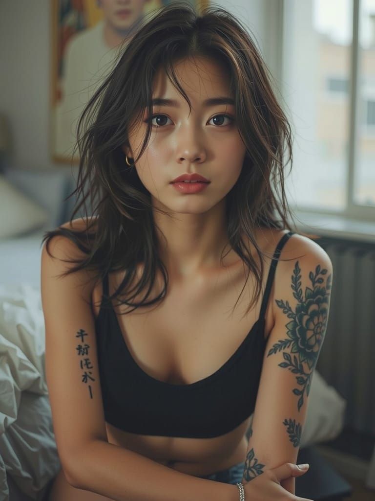 Photorealistic Portrait of Korean Woman in Moody Bedroom