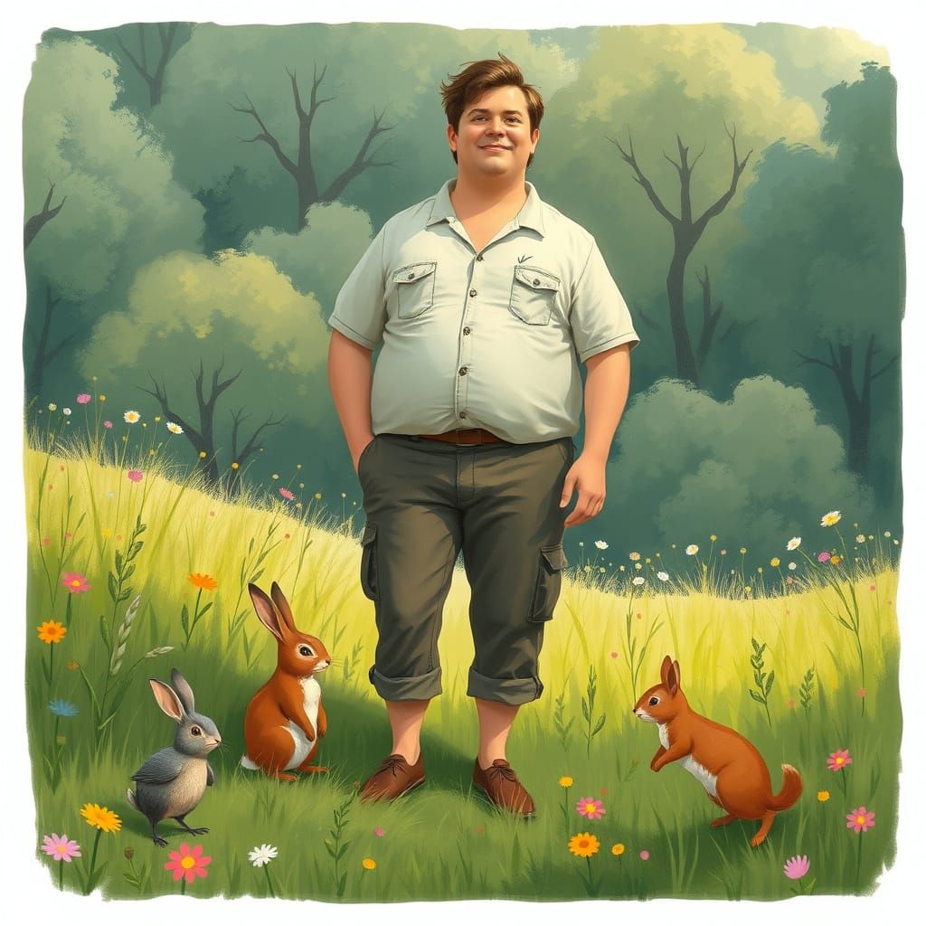 Giant Human and Tiny Animal Friends in Whimsical Meadow
