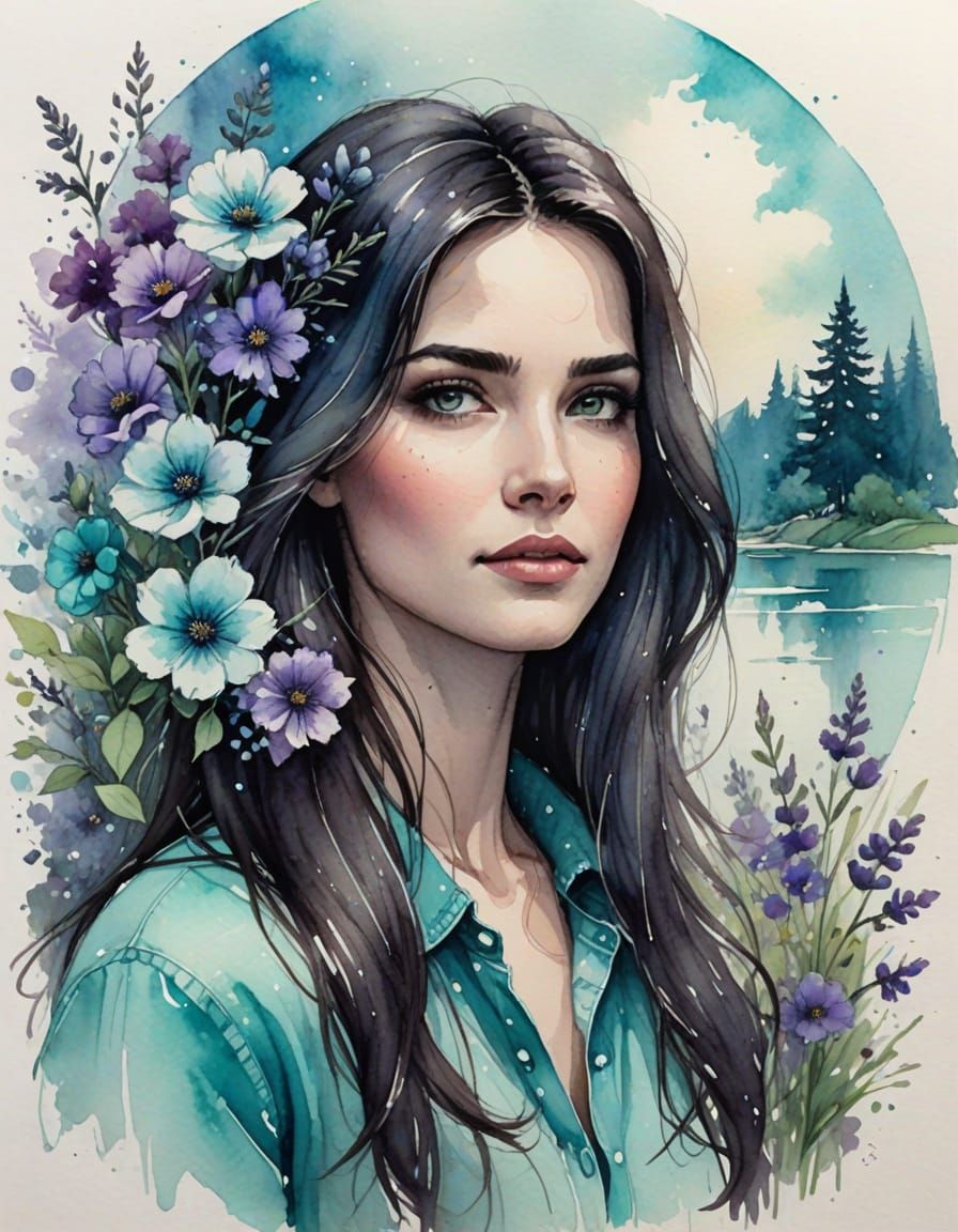 Pretty Woman Portrait with Spring Flowers in Misty Moonlight