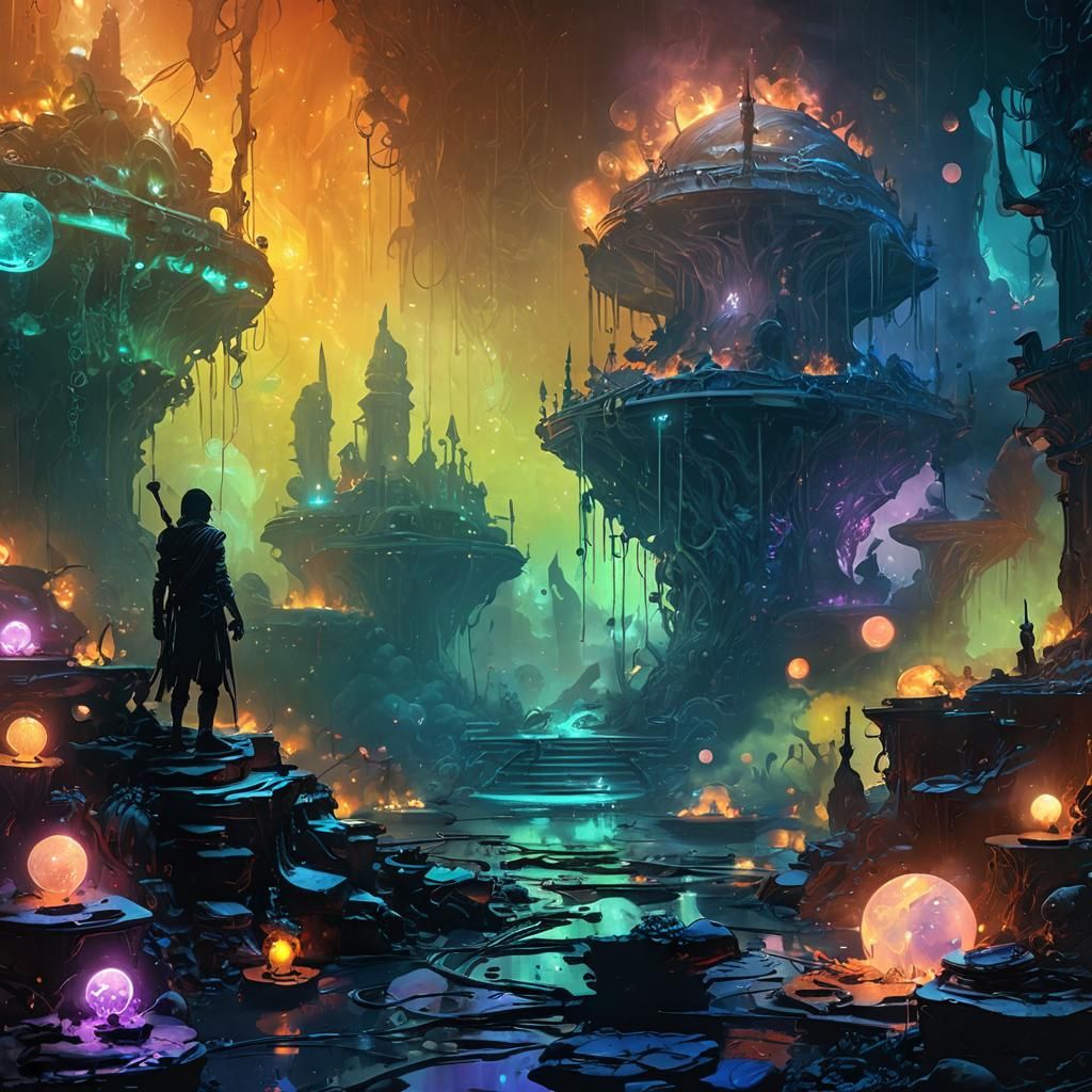 Adventurer Amidst Bioluminescent Treasures as Neon Ink Splat...