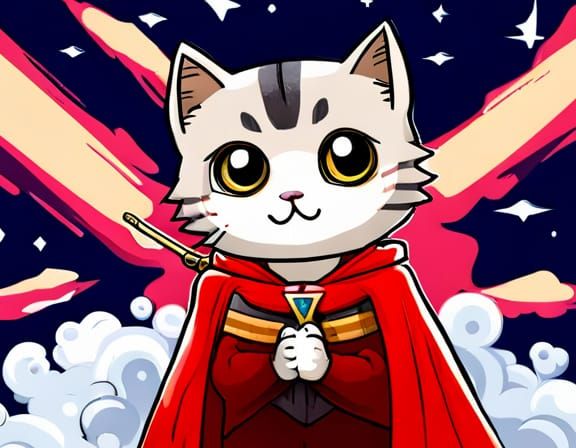 Chibi Ghibli Cat Superhero in Fire