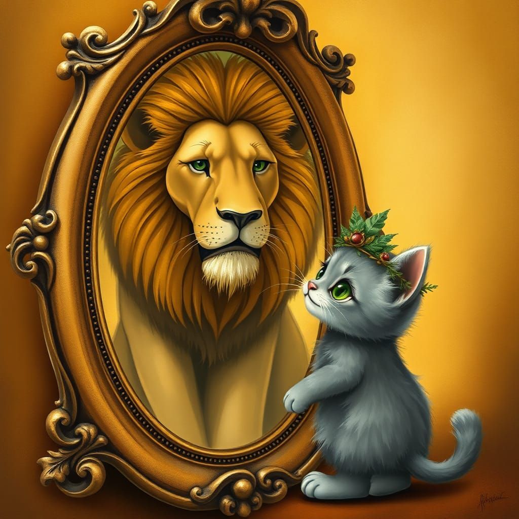 Kitten's Lion Reflection: Dreamlike Whimsical Image