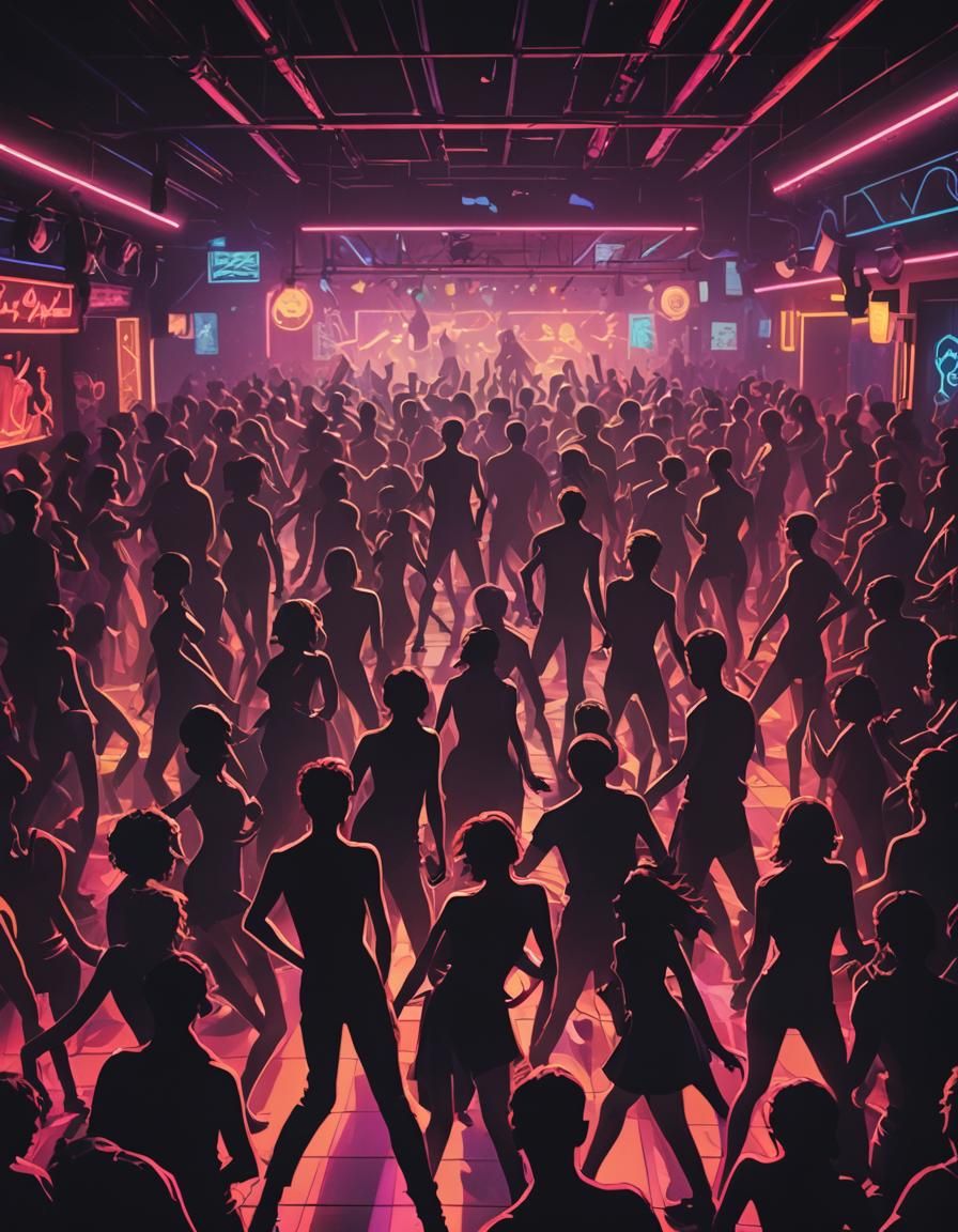 Neon Lit Silhouettes Dancing in Dark Club