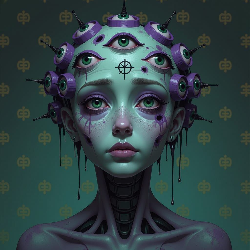 A digital painting depicts a humanoid figure with a head composed of multiple eyes, displaying a distressed and aged app...