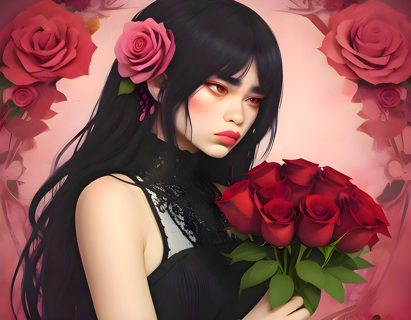 Sad Half-Dragon Teen with Roses