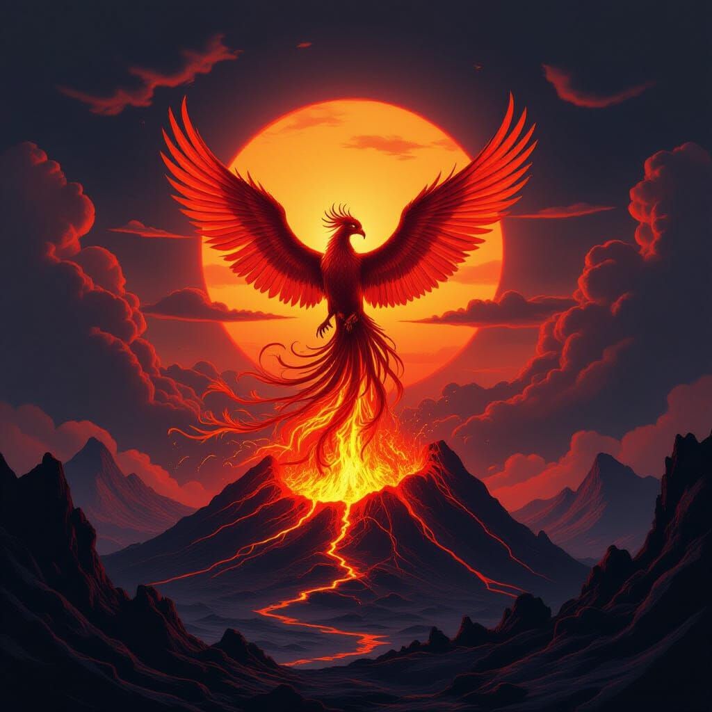 Majestic Phoenix Erupts From Volcano At Sunset