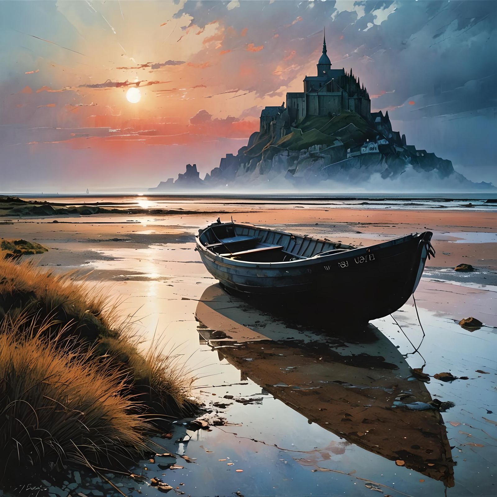 Beach Sunset with Mont Saint-Michel, Color Print Art