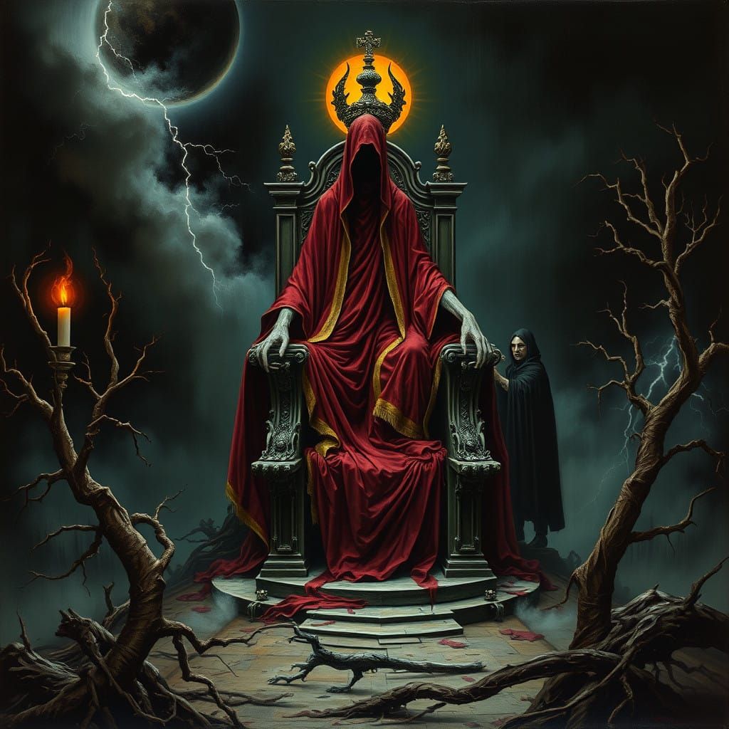 Regal Specter in Crimson Velvet, Gothic Throne, Dying Candle...