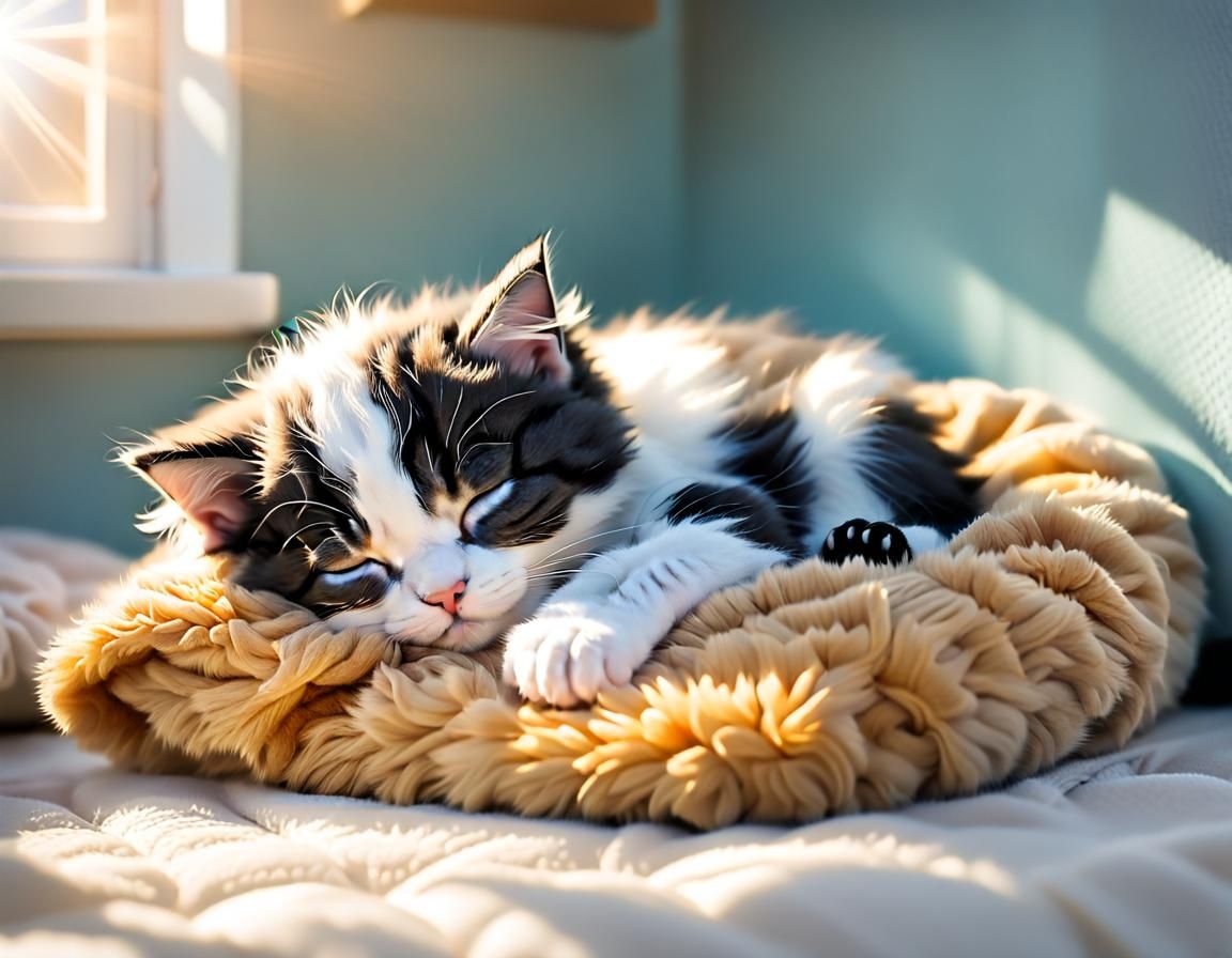 Fluffy Kitten Sleeping in Sunlight