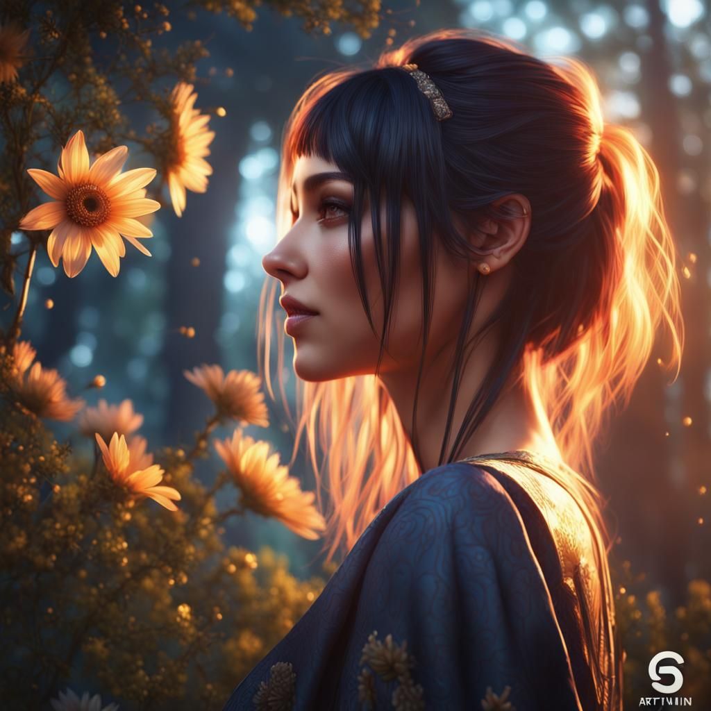 Girl Smelling Flower at Sunrise: Fantasy Concept Art