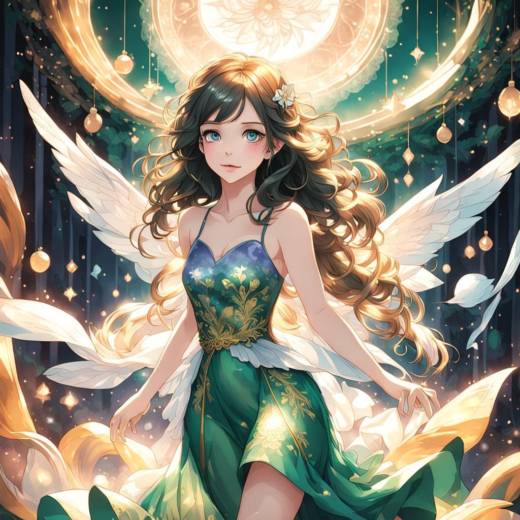 Anime-Style Girl in Emerald Green Dress