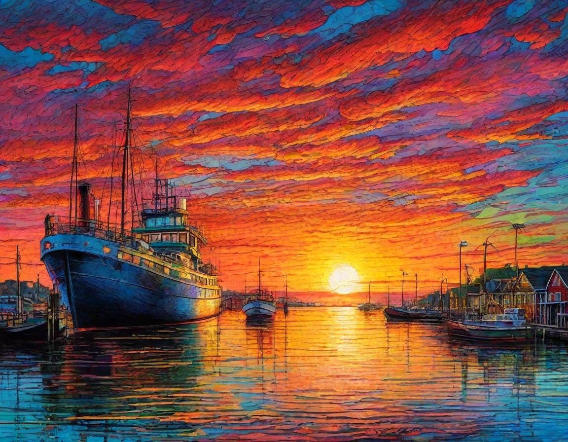 Stunning Island Sunset with Anchored Ships in Vibrant Street...