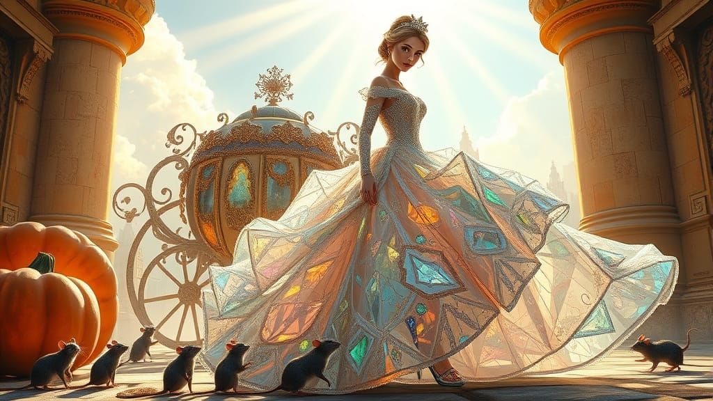 Cinderella in Crystal Gown with Sunlit Pumpkin Coach