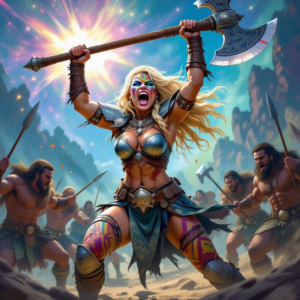 Fierce Barbarian Woman Charging in a Digital Painting