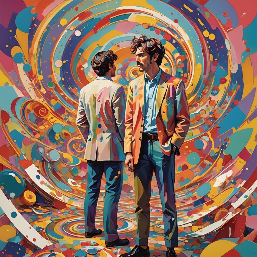 Whimsical Illustration of Man Amidst Colorful Chaos