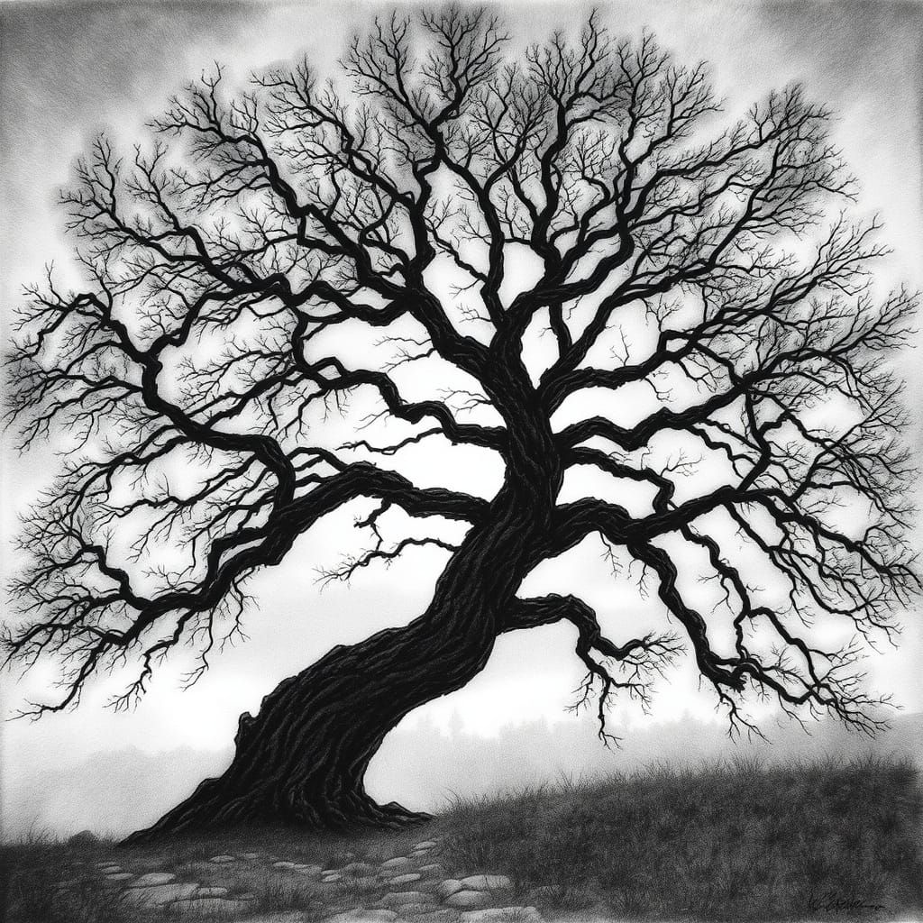 Ancient Oak Tree at Ethereal Dawn Charcoal Drawing