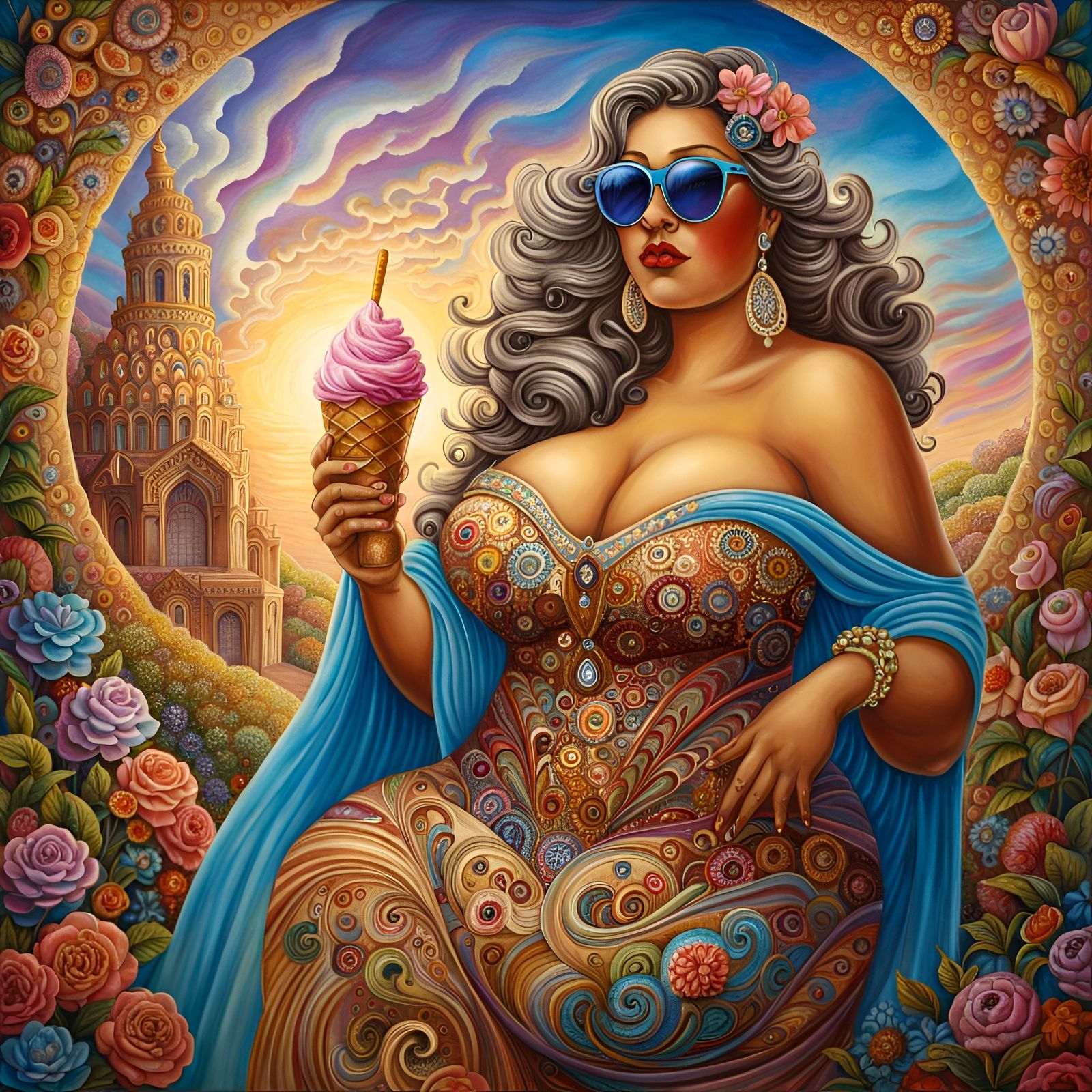 Curvy Goddess in Sunglasses Eating Ice Cream